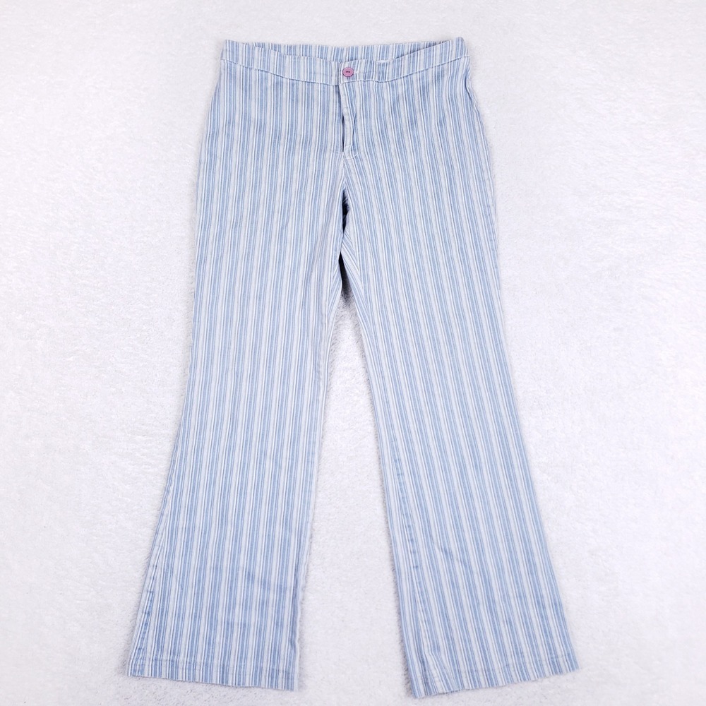 White Moon Striped Flare Pants Women M Blue Y2K Coquette Festival Coastal Preppy